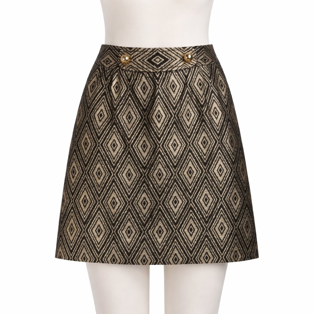 Milly Skirt Womens XS Small Black Gold Metallic Diamond‎ Brocade Button Detail